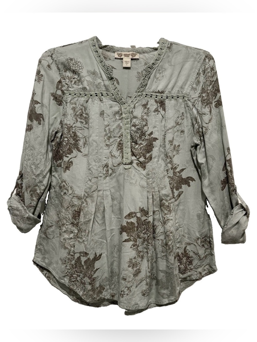Vintage America Blues Sage Green Floral Macrame Trim Boho Blouse S Small